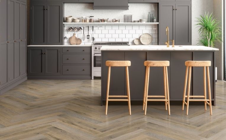 herringbone open kitchen flooring